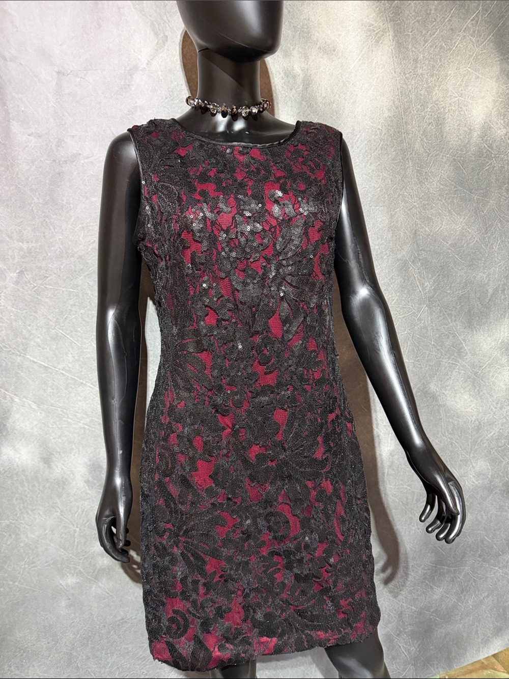 Cache Black Lace Overlay Dress with Burgundy Underlayer